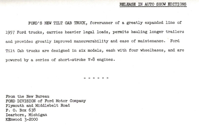 '57 Ford cabover press release '57 Ford cabover press release